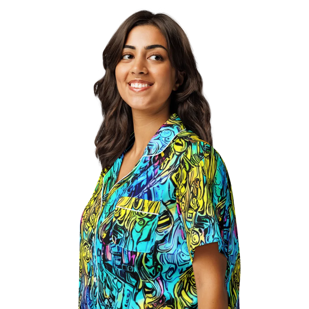 Cyan Frenzy on Women's Short Sleeve Pajama Top — Left Front