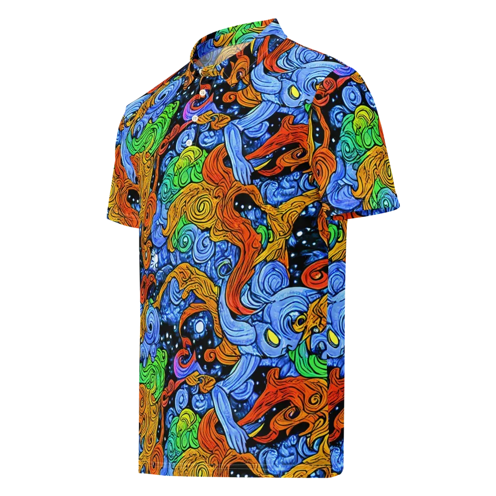 Blue Flame Orbit on Men's Slim Fit Polo Shirt — Left Front
