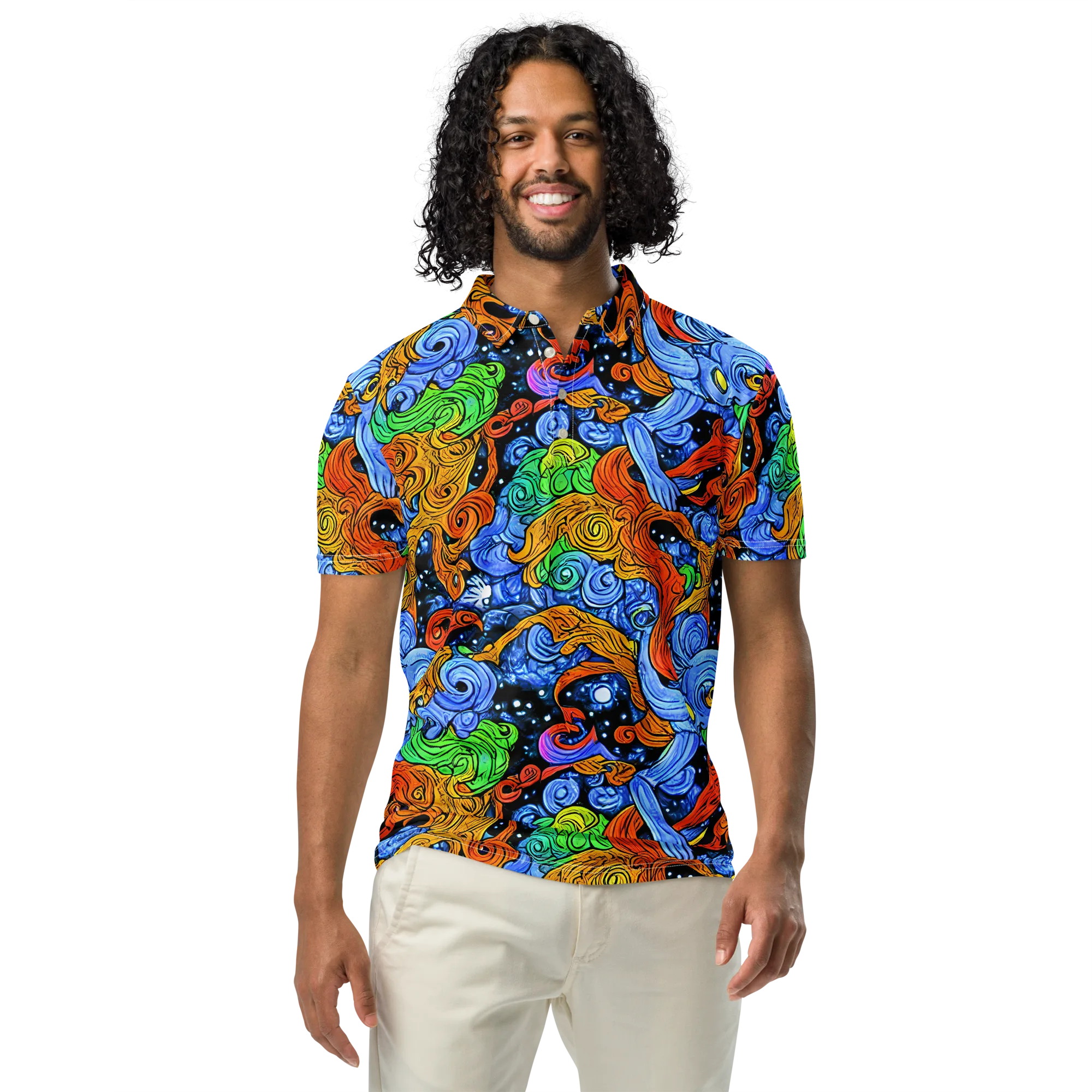 Blue Flame Orbit on Men's Slim Fit Polo Shirt — Front