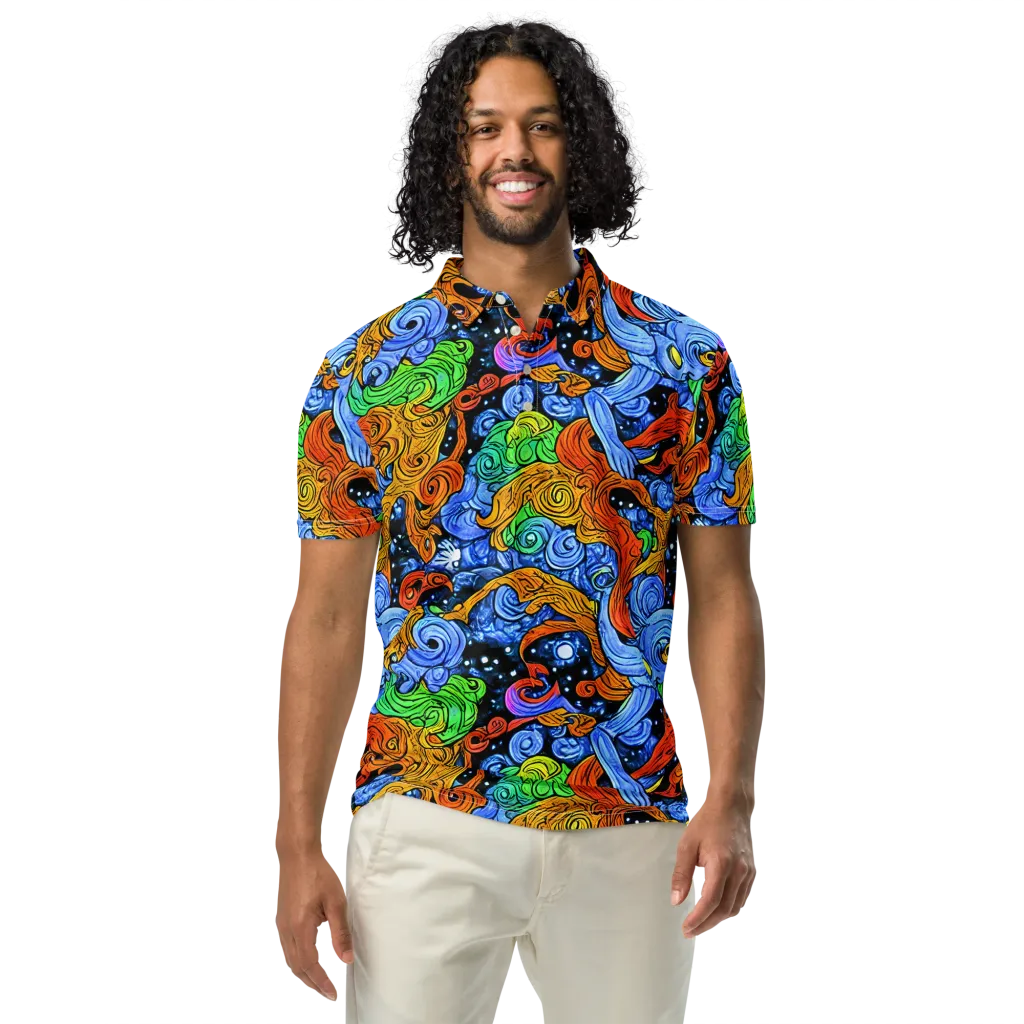 Blue Flame Orbit on Men's Slim Fit Polo Shirt — Front