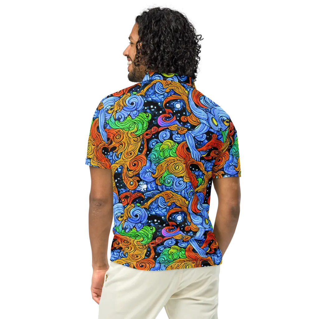 Blue Flame Orbit on Men's Slim Fit Polo Shirt — Back