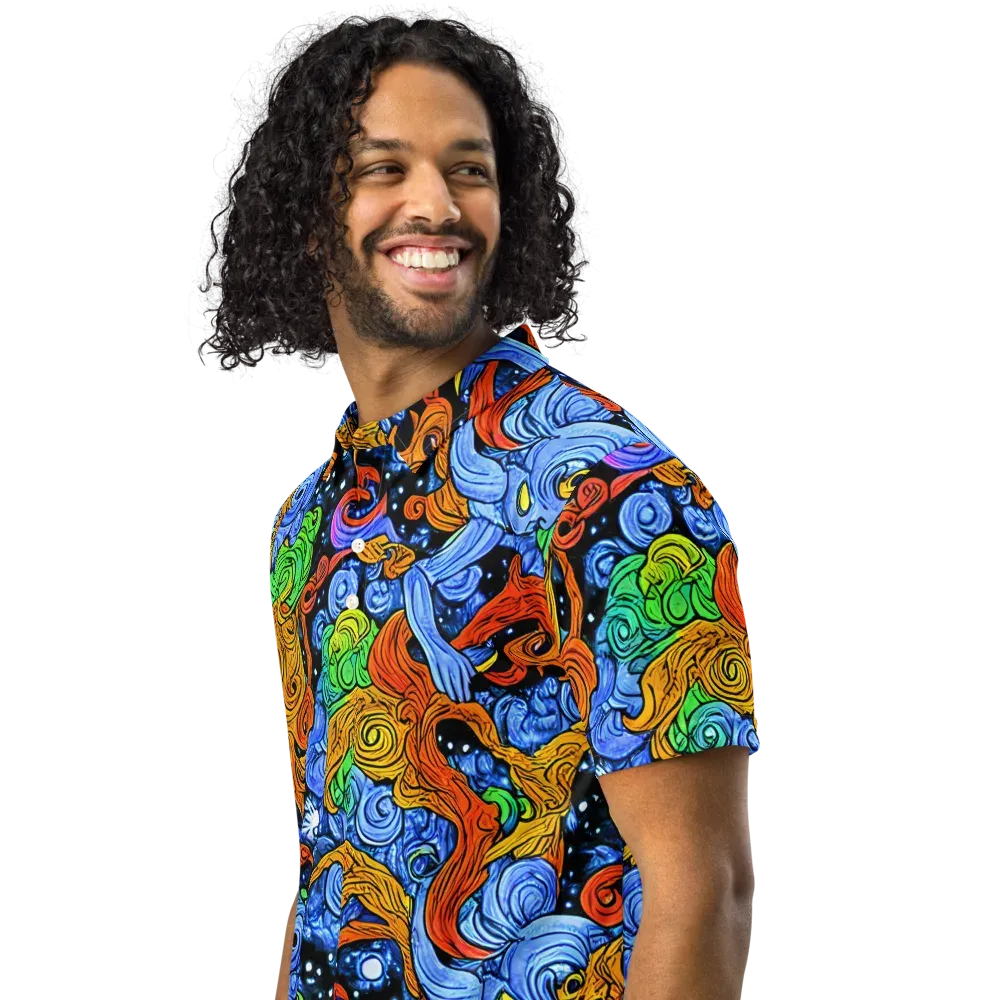 Blue Flame Orbit on Men's Slim Fit Polo Shirt — Left Front