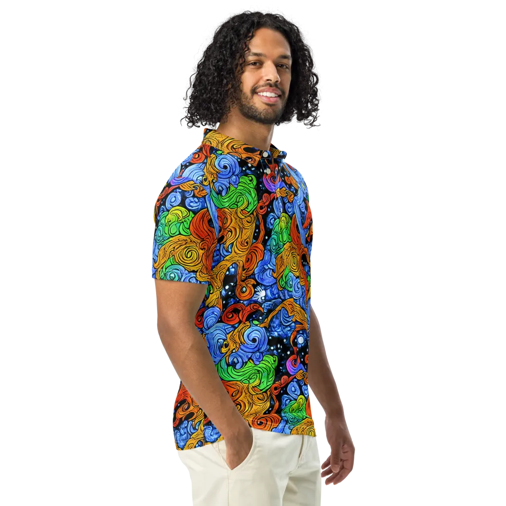Blue Flame Orbit on Men's Slim Fit Polo Shirt — Right Front