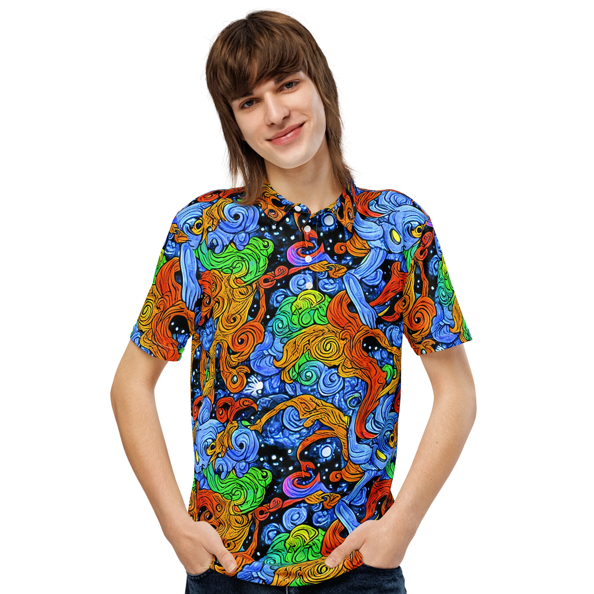 Blue Flame Orbit on Men's Slim Fit Polo Shirt — Front