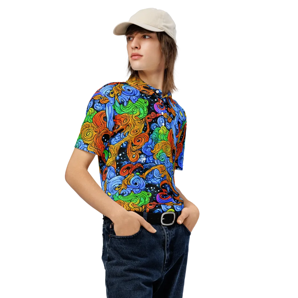 Blue Flame Orbit on Men's Slim Fit Polo Shirt — Right Front
