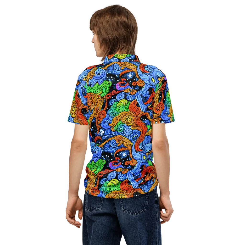 Blue Flame Orbit on Men's Slim Fit Polo Shirt — Back