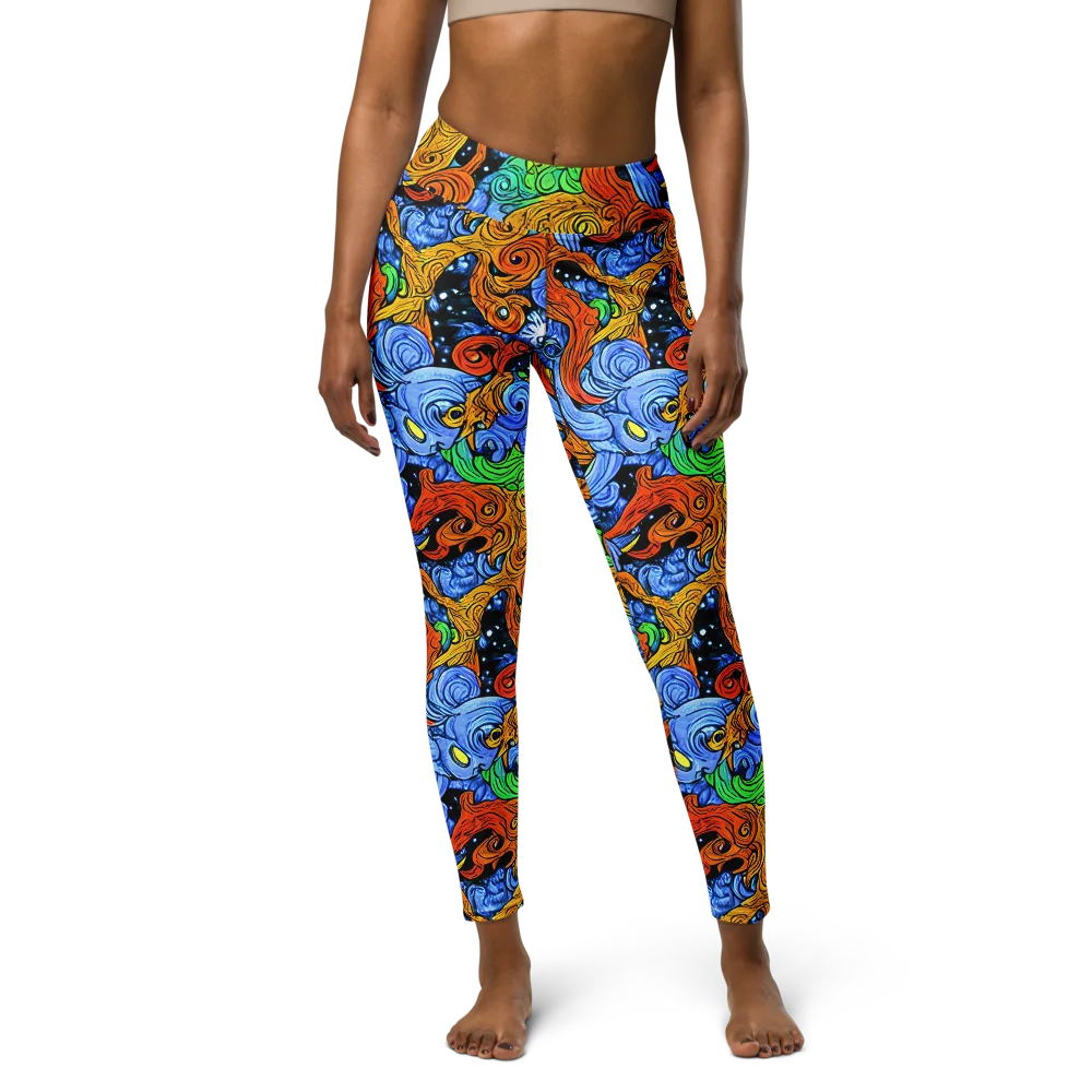 Blue Flame Orbit on Yoga Leggings — Front
