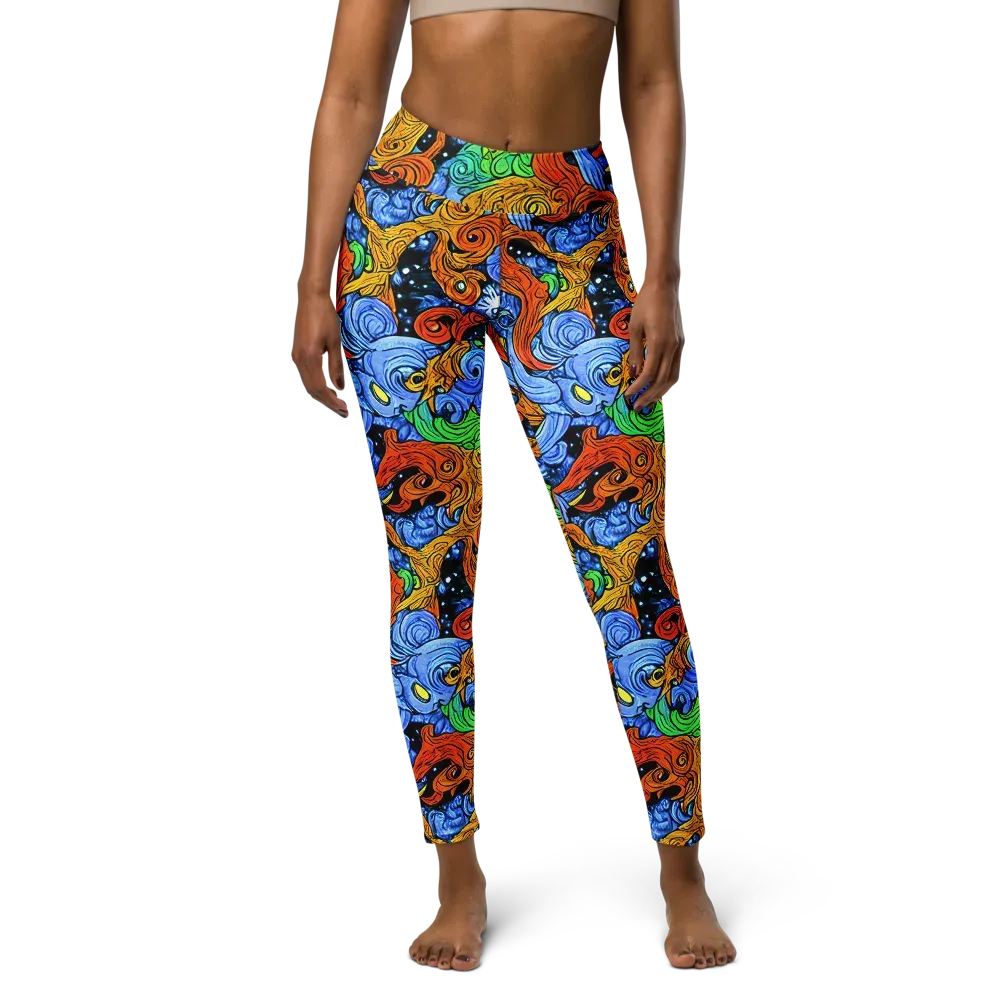 Blue Flame Orbit on Yoga Leggings — Front