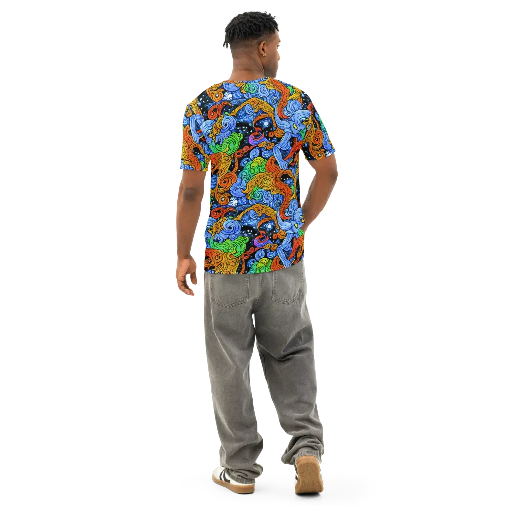 Blue Flame Orbit on Men's Cotton Crew Neck T-Shirt — Back