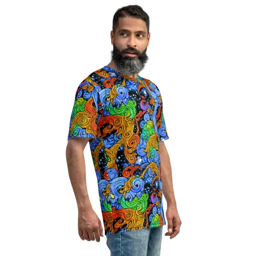 Blue Flame Orbit on a Men's Crew Neck T-Shirt
