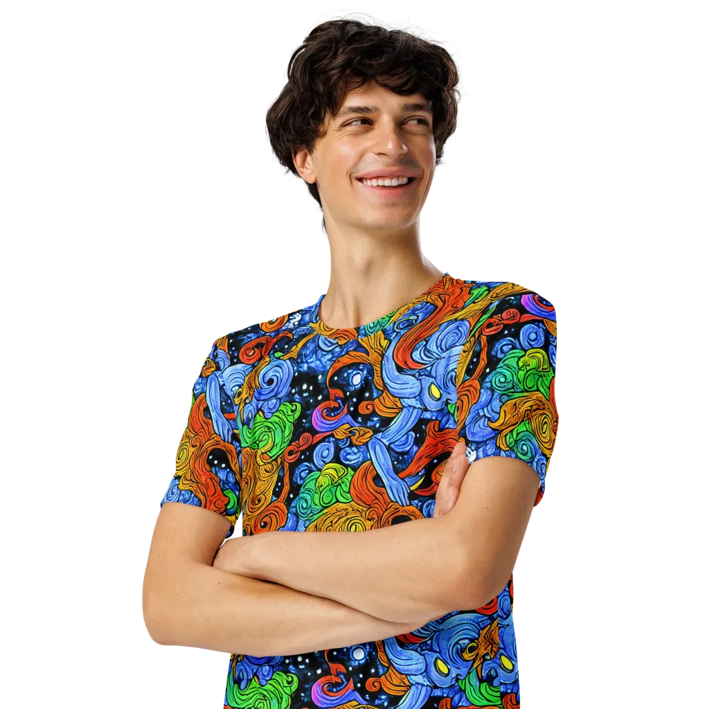 Blue Flame Orbit on Men's Crew Neck T-Shirt — Left Front