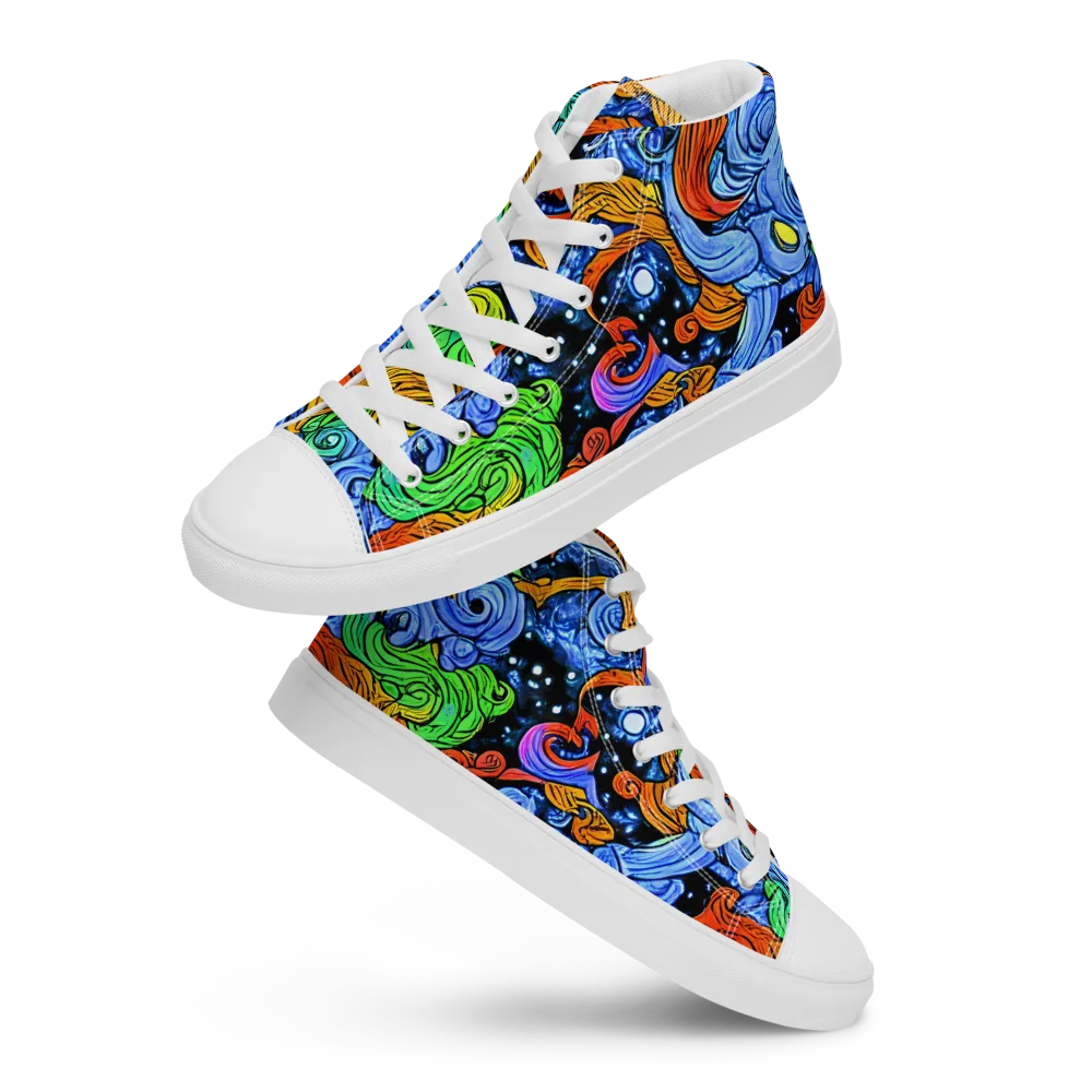 Blue Flame Orbit on Men's High Top Canvas Shoes — Front