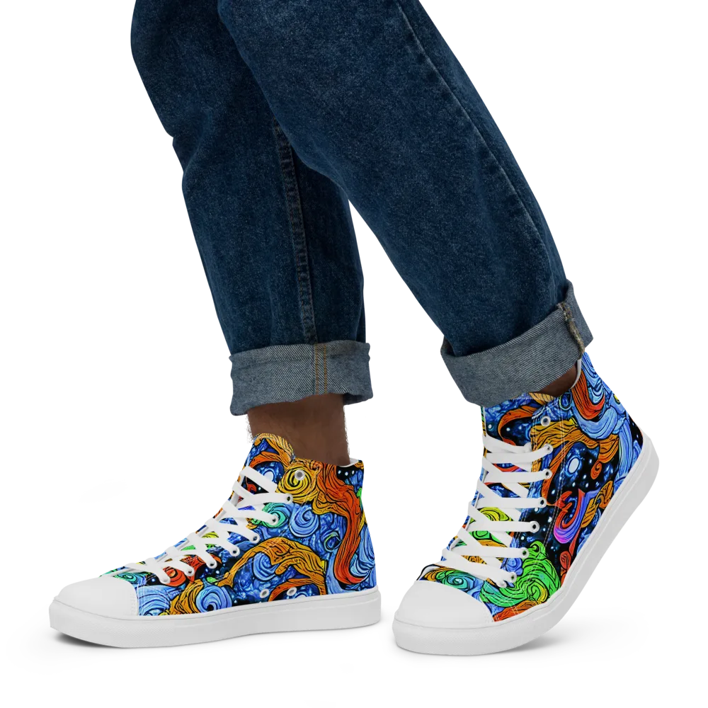 Blue Flame Orbit on Men's High Top Canvas Shoes — Left