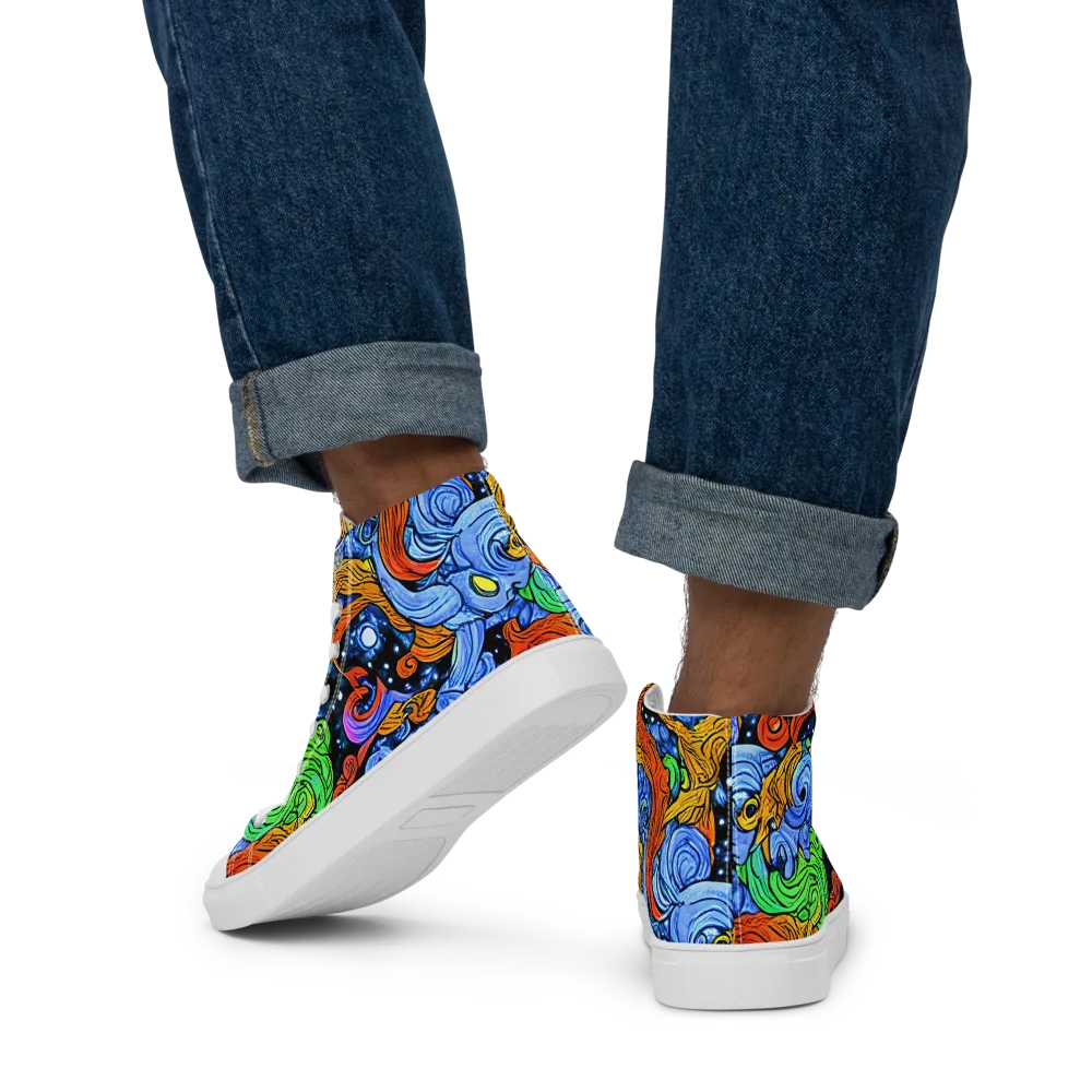 Blue Flame Orbit on Men's High Top Canvas Shoes — Back