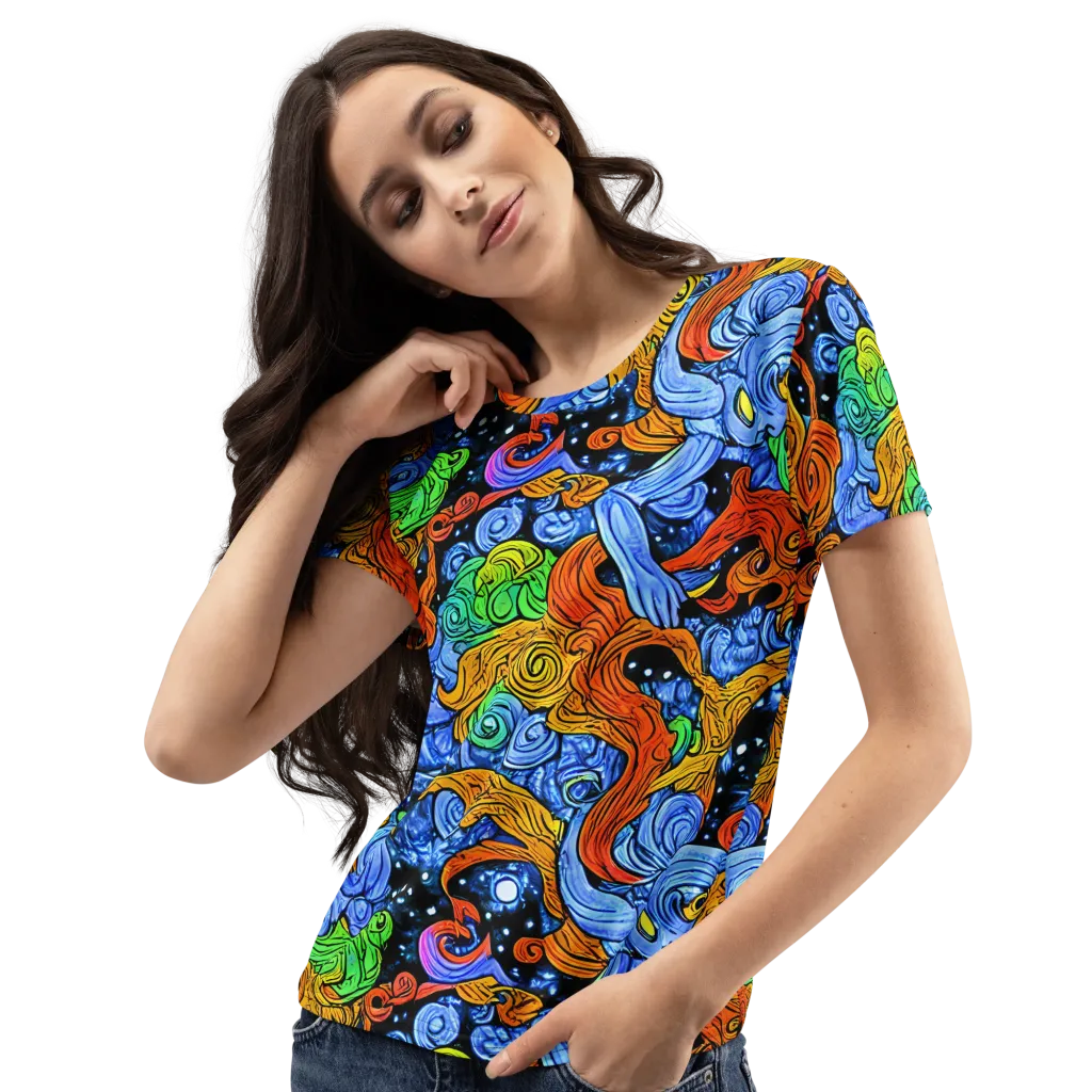 Blue Flame Orbit on Women's Crew Neck T-Shirt — Left Front