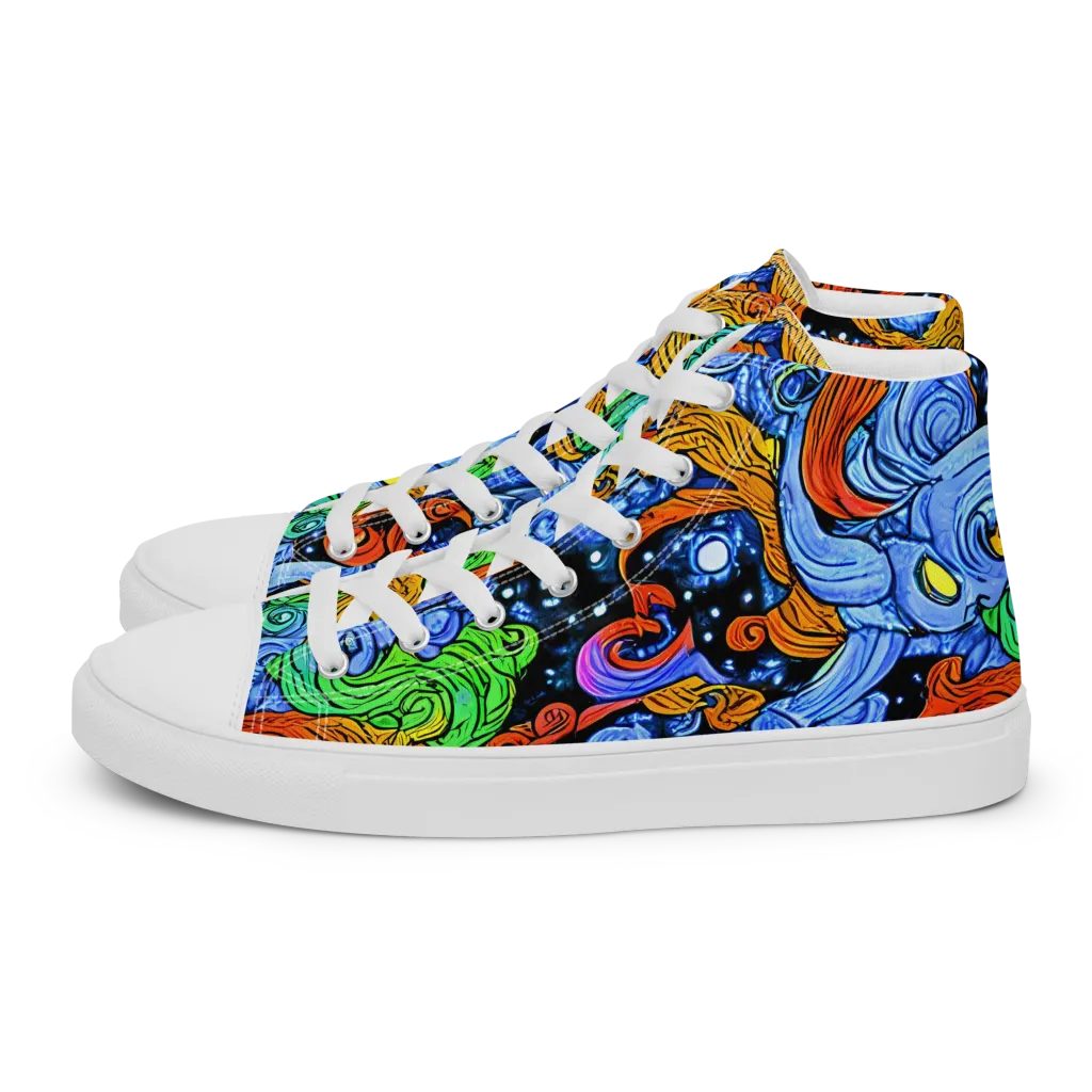 Blue Flame Orbit on Women's High Top Canvas Shoes — Left