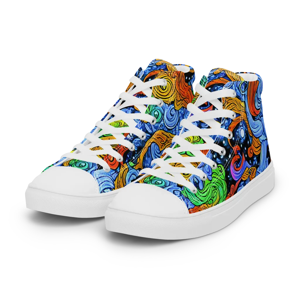 Blue Flame Orbit on Women's High Top Canvas Shoes — Left Front