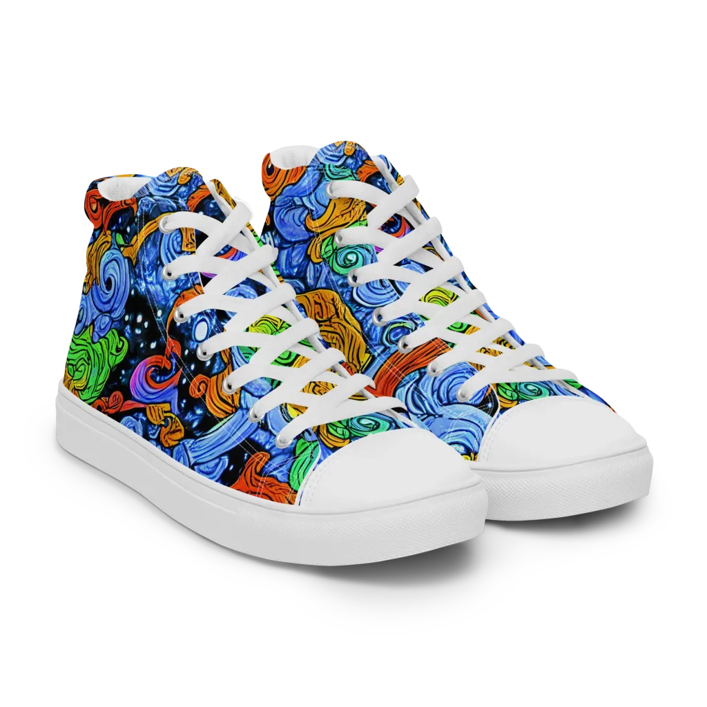 Blue Flame Orbit on Women's High Top Canvas Shoes — Right Front