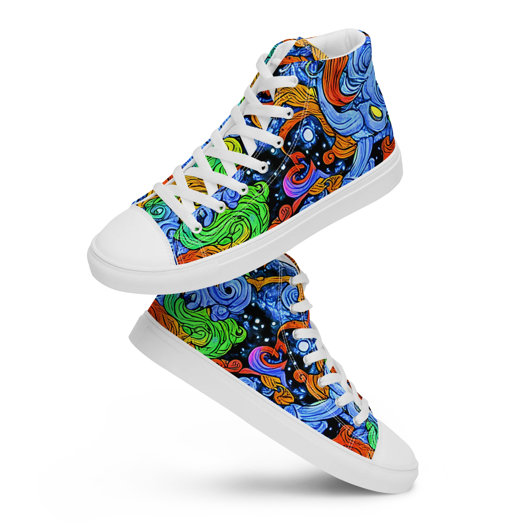 Blue Flame Orbit on Women's High Top Canvas Shoes — Front
