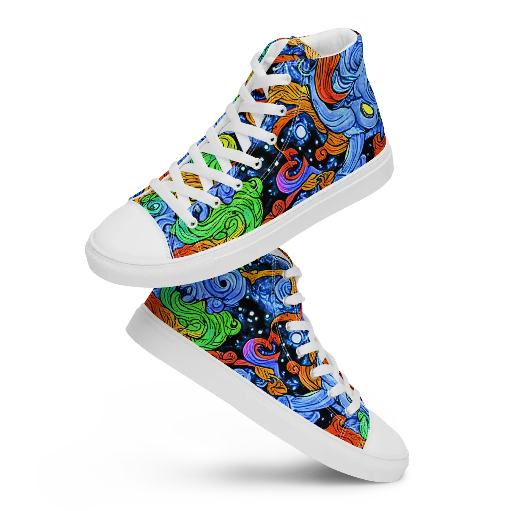 Blue Flame Orbit on Women's High Top Canvas Shoes — Front