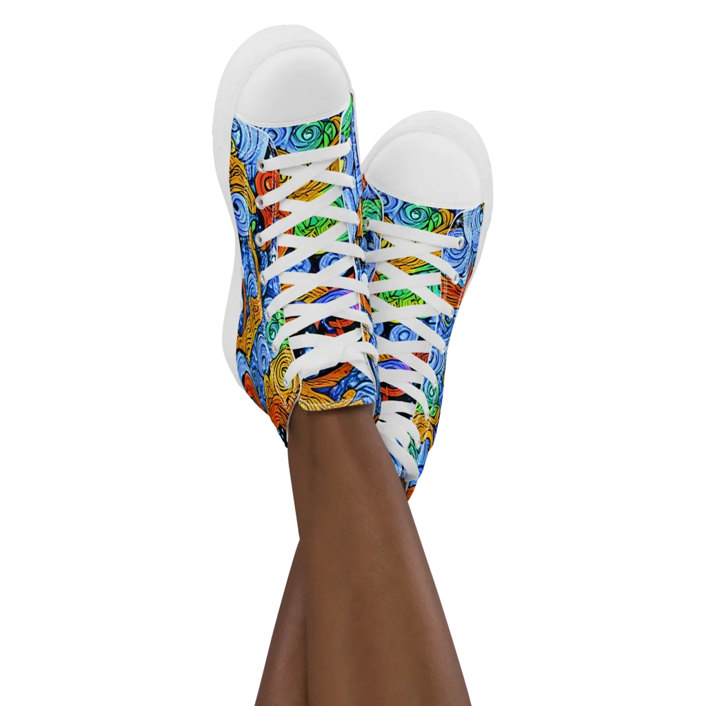 Blue Flame Orbit on Women's High Top Canvas Shoes — Front