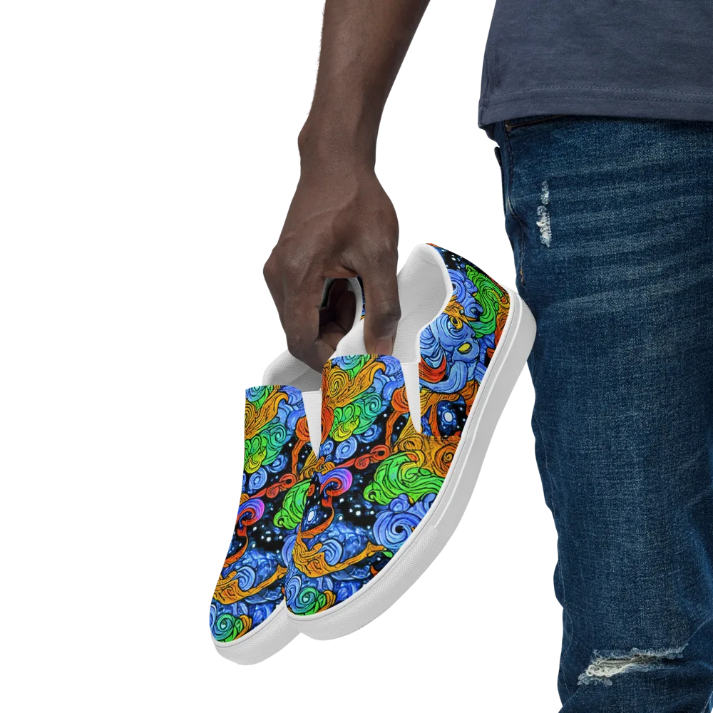 Blue Flame Orbit on Men's Slip-On Canvas Shoes — Left Front