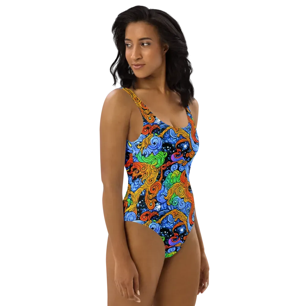 Blue Flame Orbit on One-Piece Swimsuit — Right
