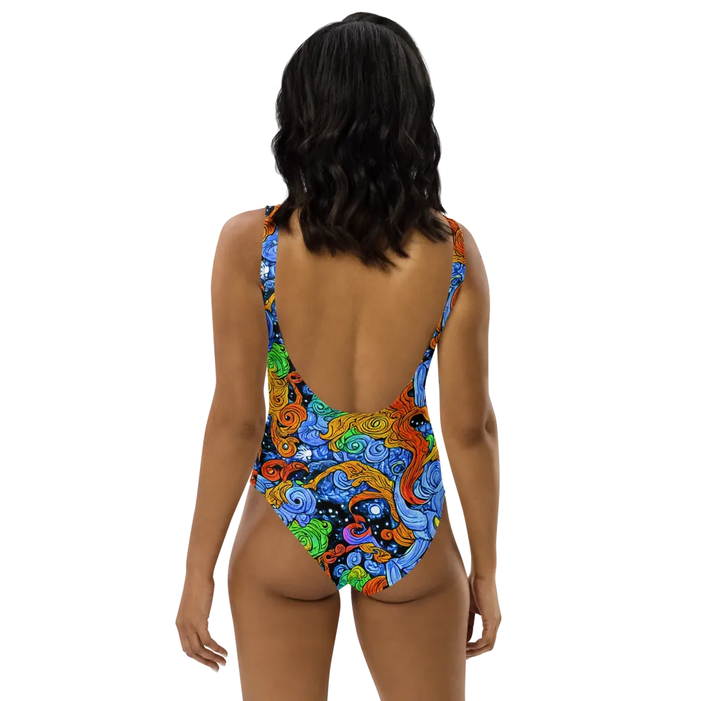 Blue Flame Orbit on One-Piece Swimsuit — Back