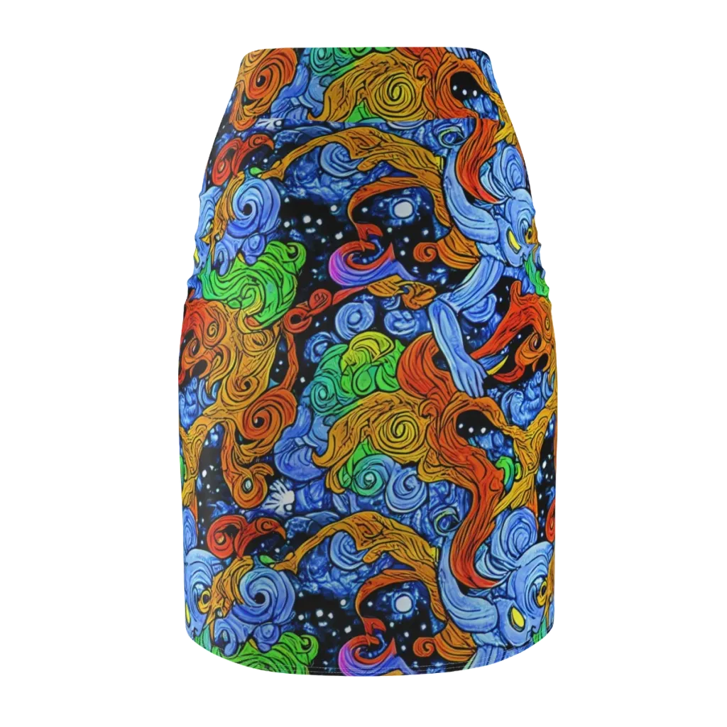 Blue Flame Orbit on Pencil Skirt — Back