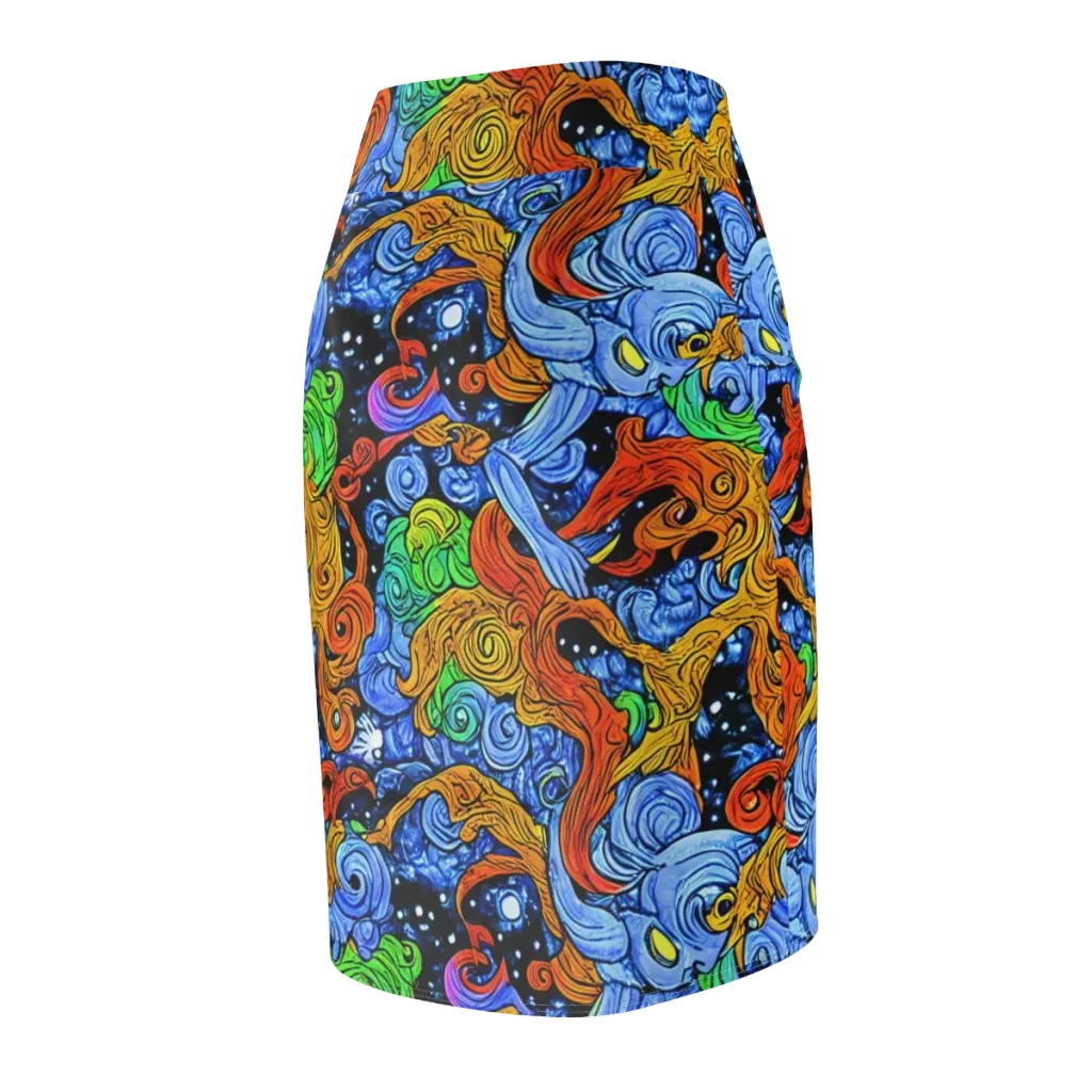 Blue Flame Orbit on Pencil Skirt — Back Side