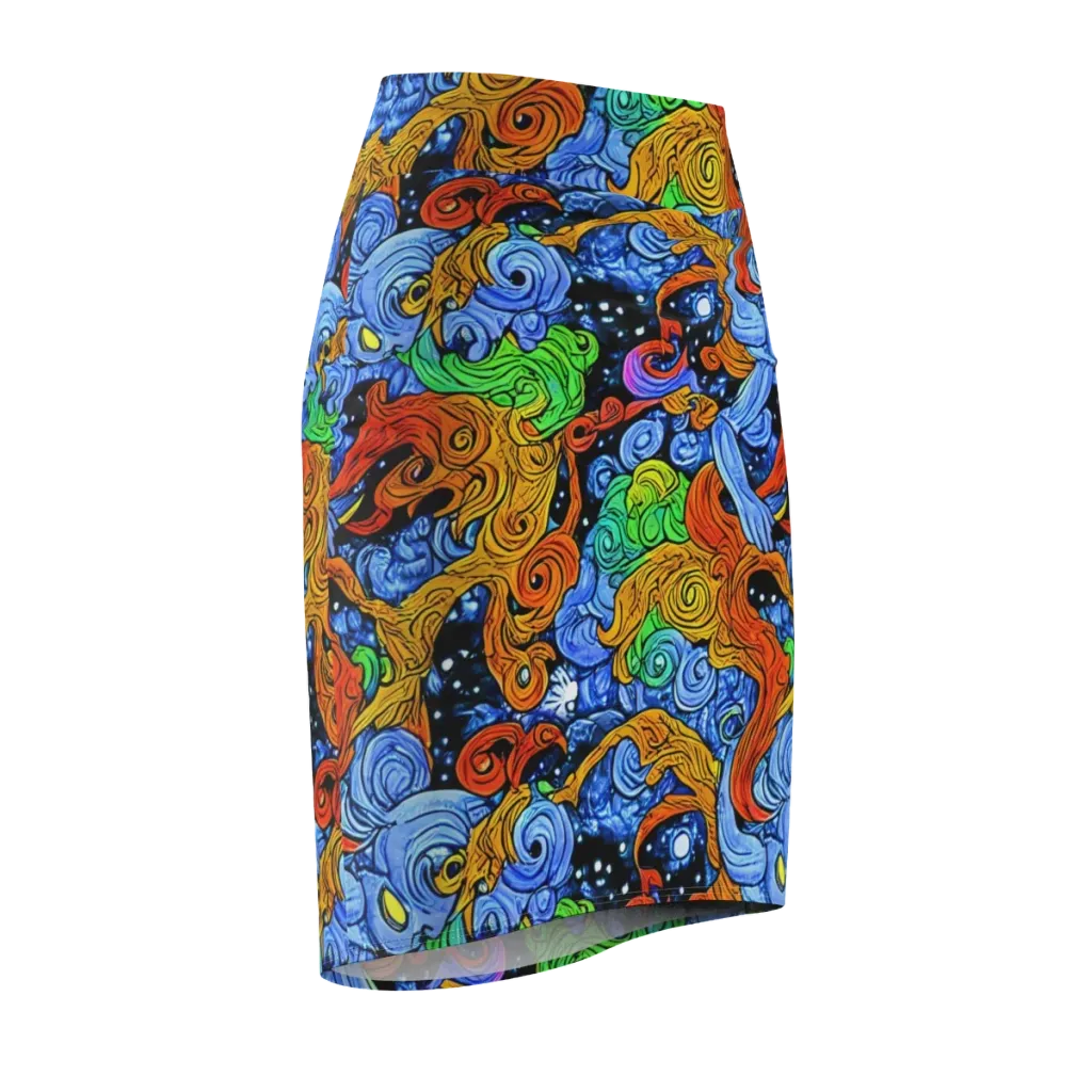 Blue Flame Orbit on Pencil Skirt — Front Side