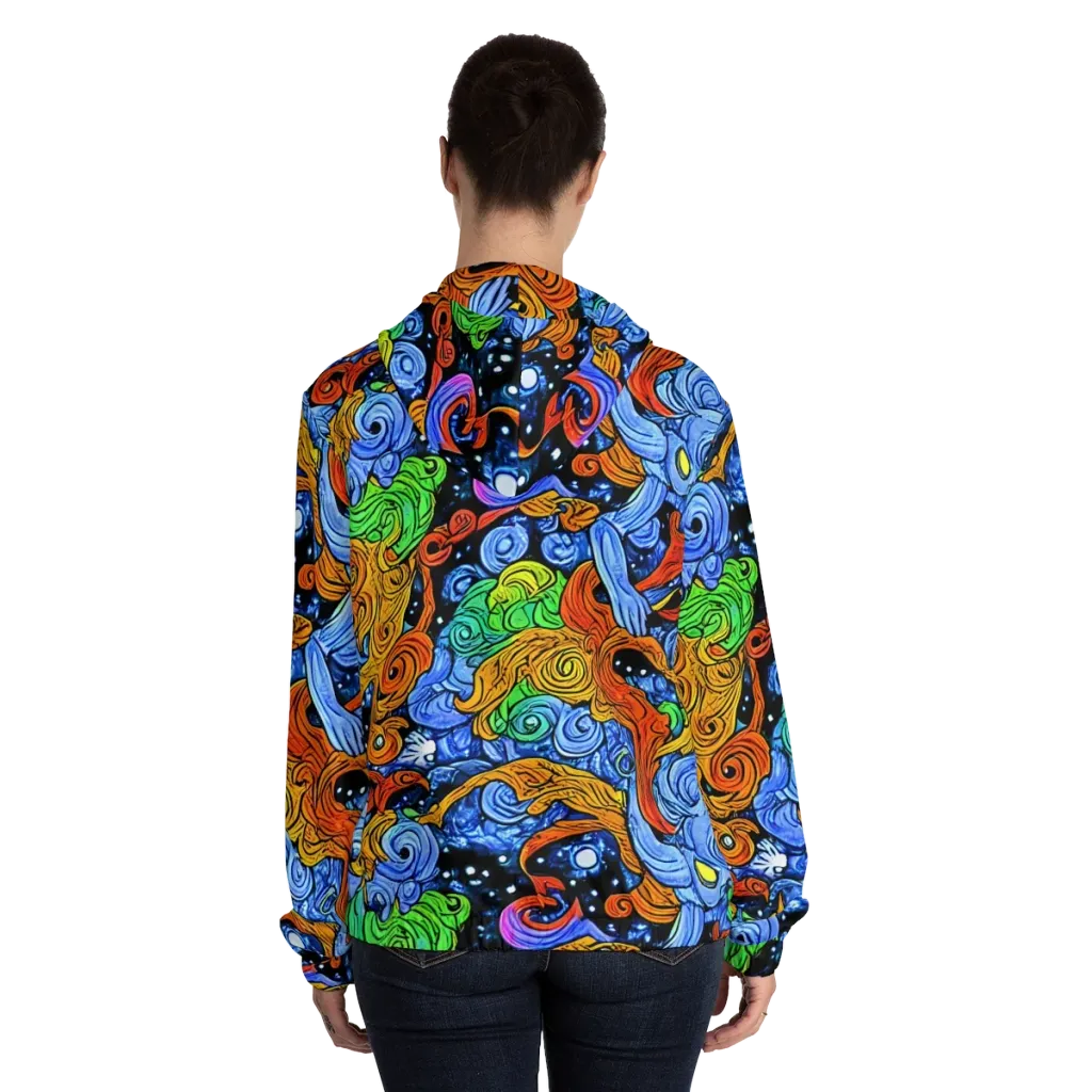 Blue Flame Orbit on Women's Full-Zip Hoodie — Back On Person