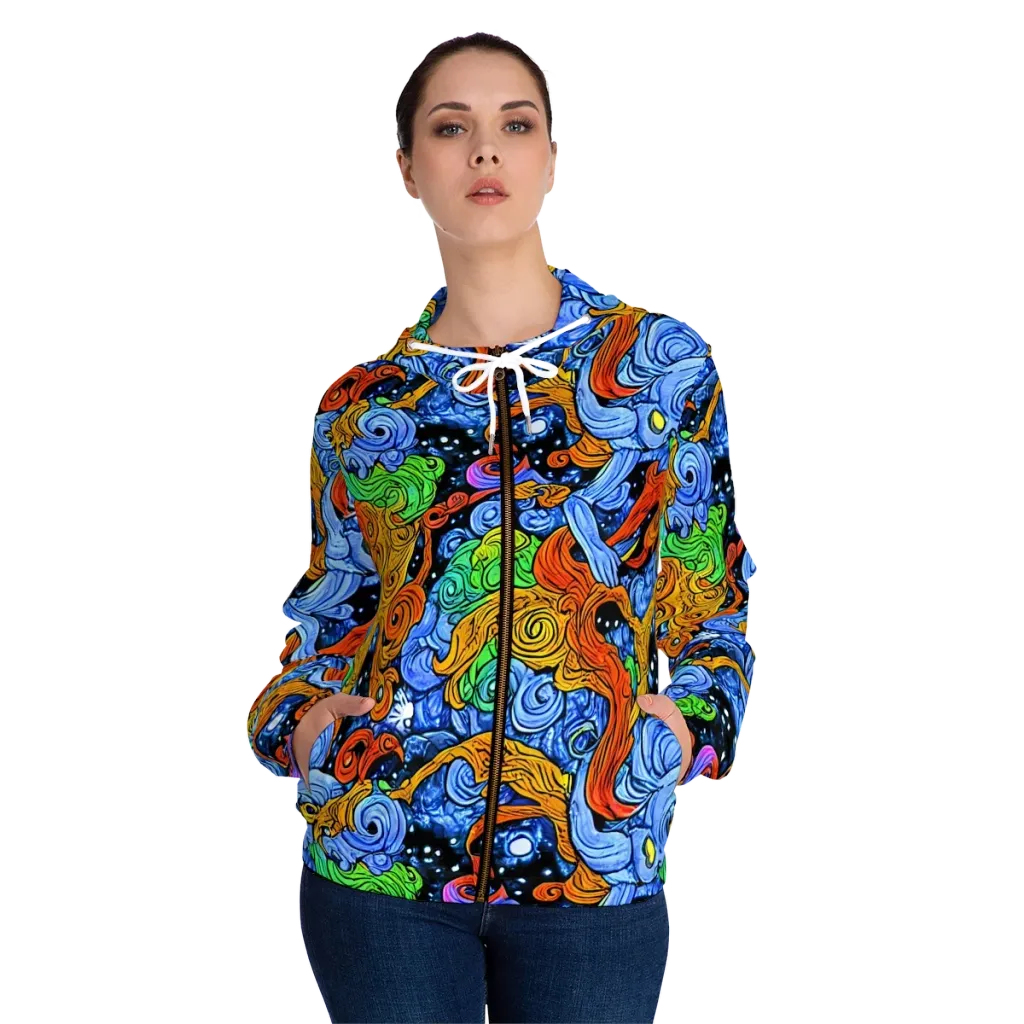 Blue Flame Orbit on Women's Full-Zip Hoodie — Front On Person