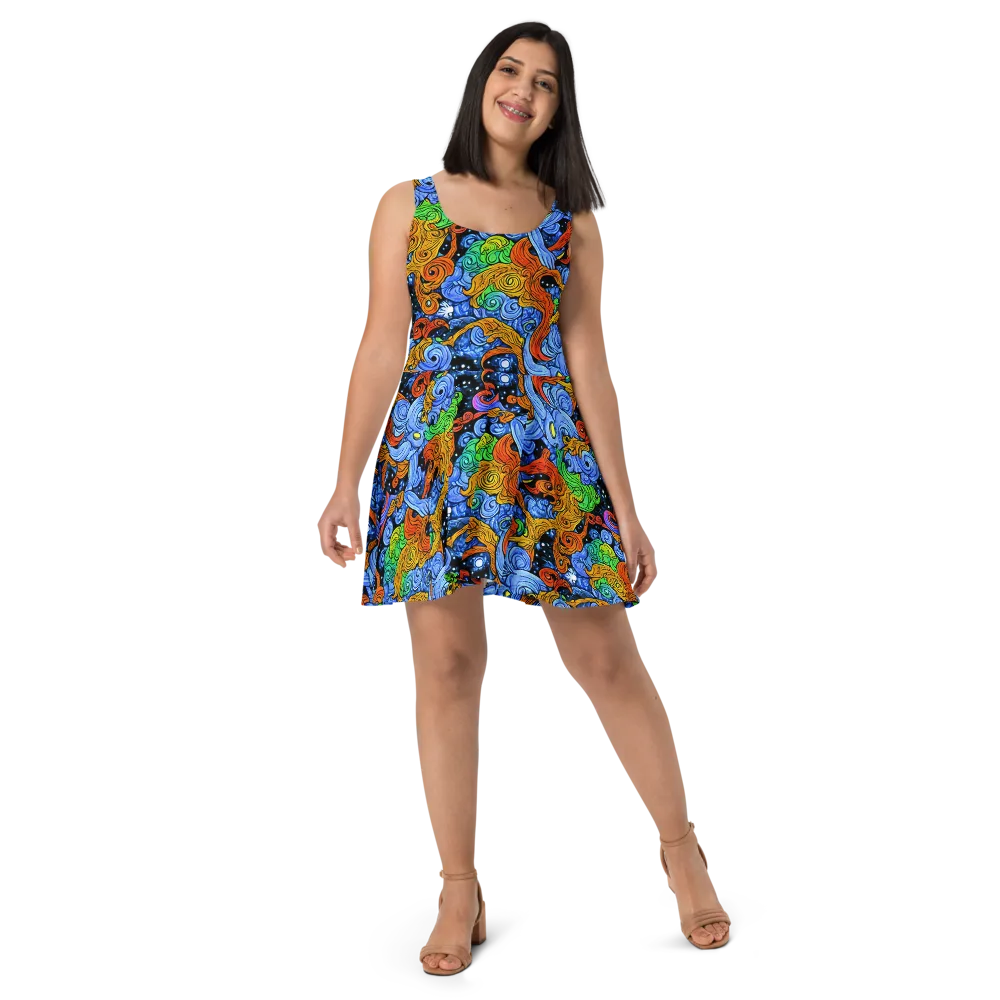Blue Flame Orbit on Skater Dress — Front