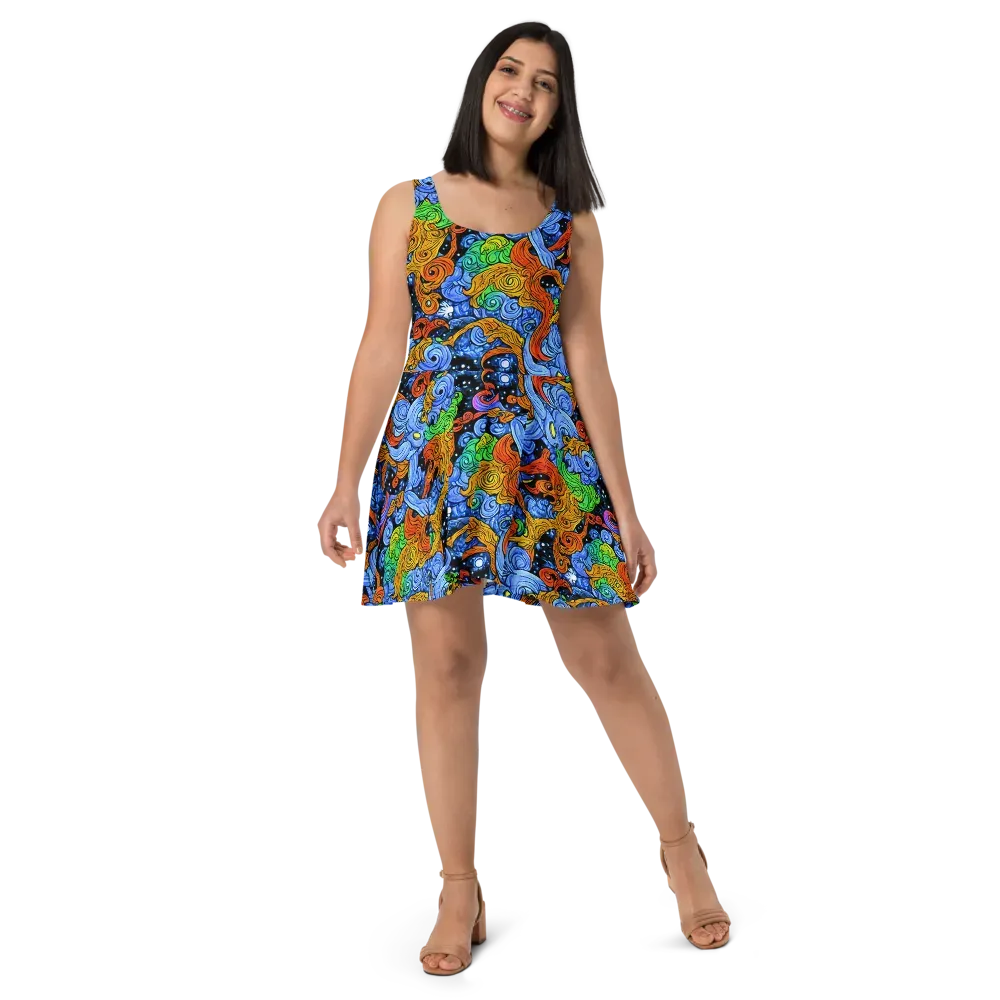 Blue Flame Orbit on Skater Dress — Front