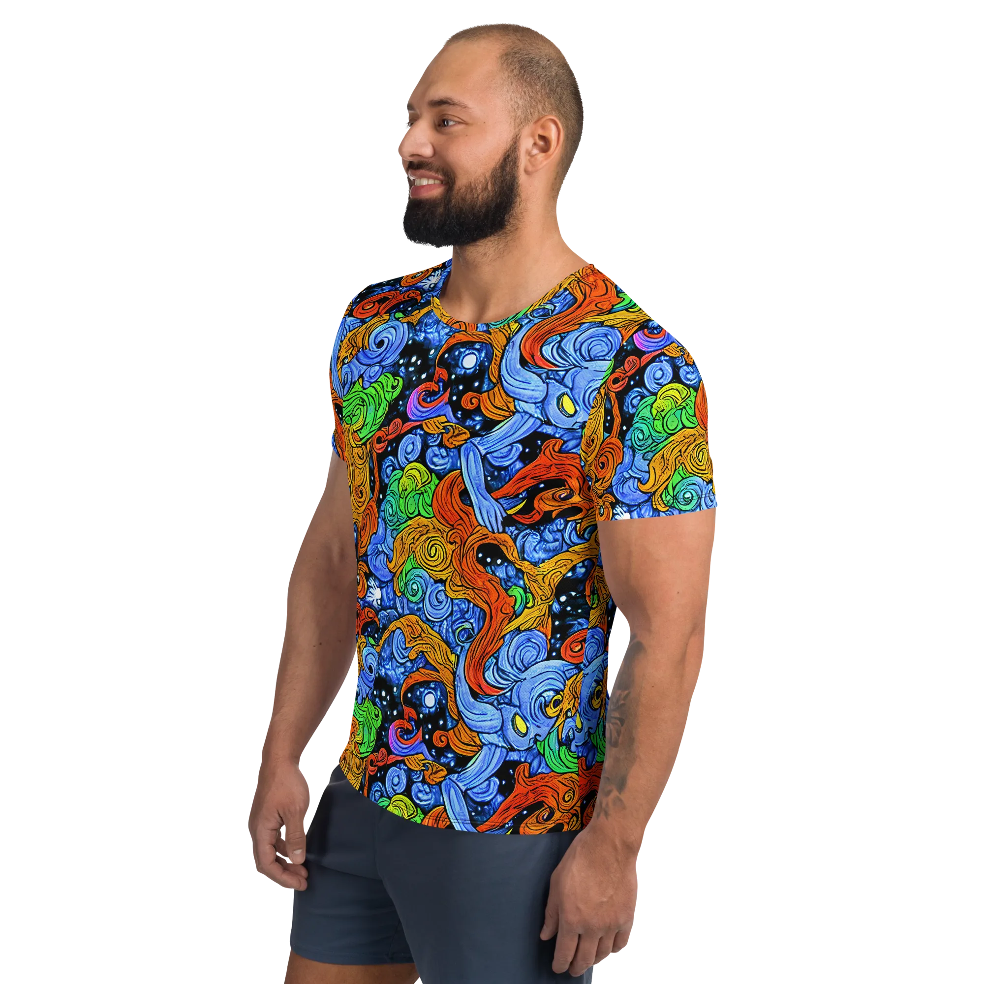 Blue Flame Orbit on Men's Athletic T-Shirt — Left