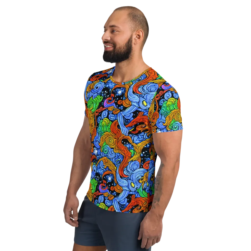 Blue Flame Orbit on Men's Athletic T-Shirt — Left