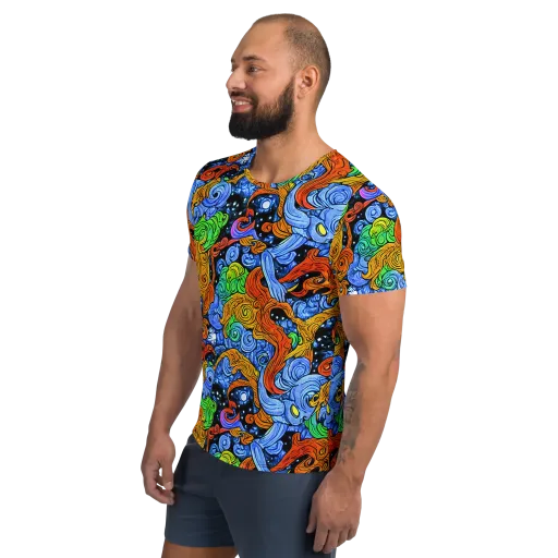 Blue Flame Orbit on a Men's Athletic T-Shirt