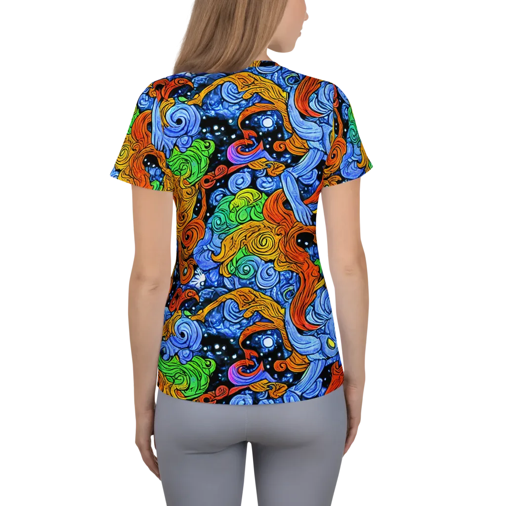 Blue Flame Orbit on Women's Athletic T-Shirt — Back