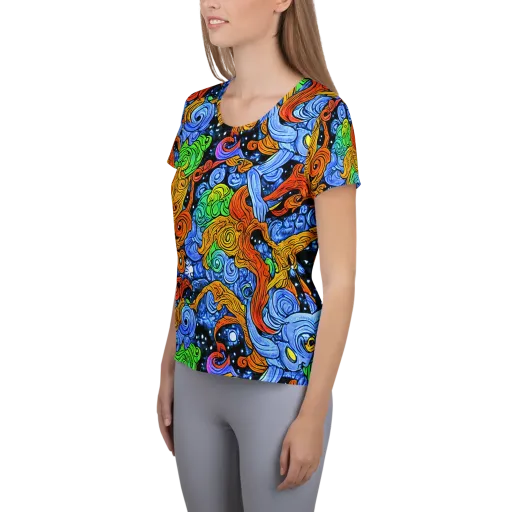 Blue Flame Orbit on a Women's Athletic T-Shirt