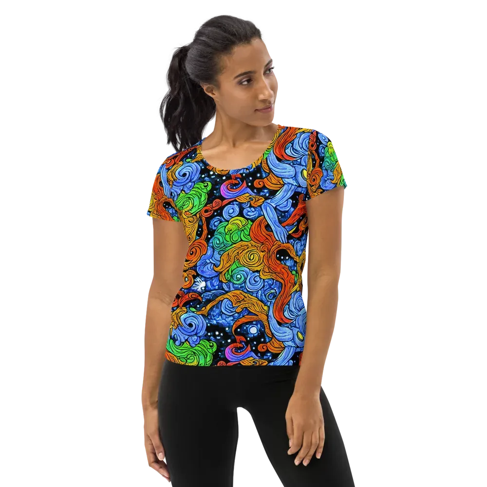 Blue Flame Orbit on Women's Athletic T-Shirt — Front