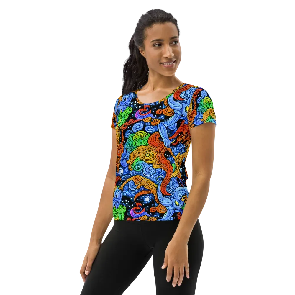 Blue Flame Orbit on Women's Athletic T-Shirt — Left