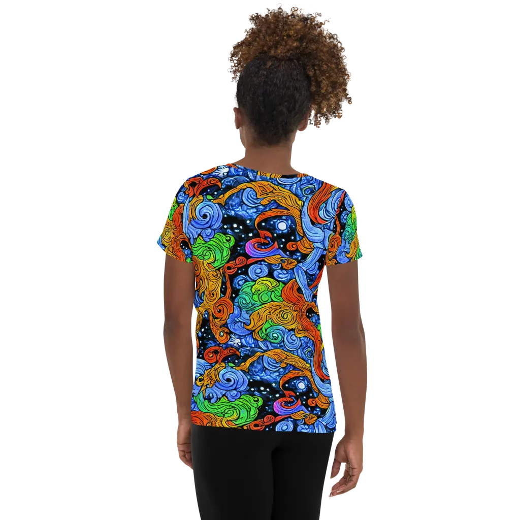 Blue Flame Orbit on Women's Athletic T-Shirt — Back