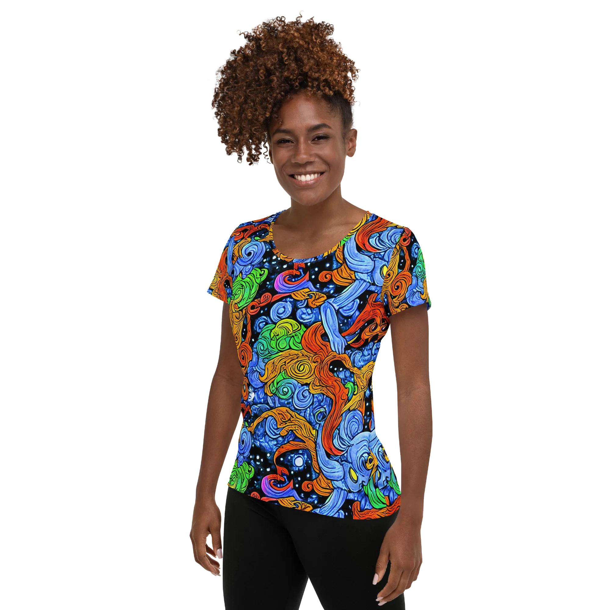 Blue Flame Orbit on Women's Athletic T-Shirt — Left