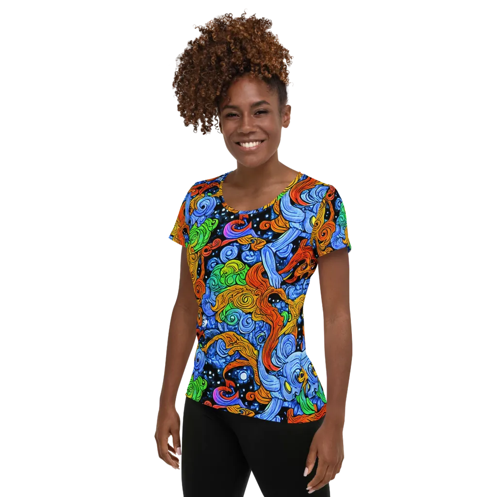 Blue Flame Orbit on Women's Athletic T-Shirt — Left
