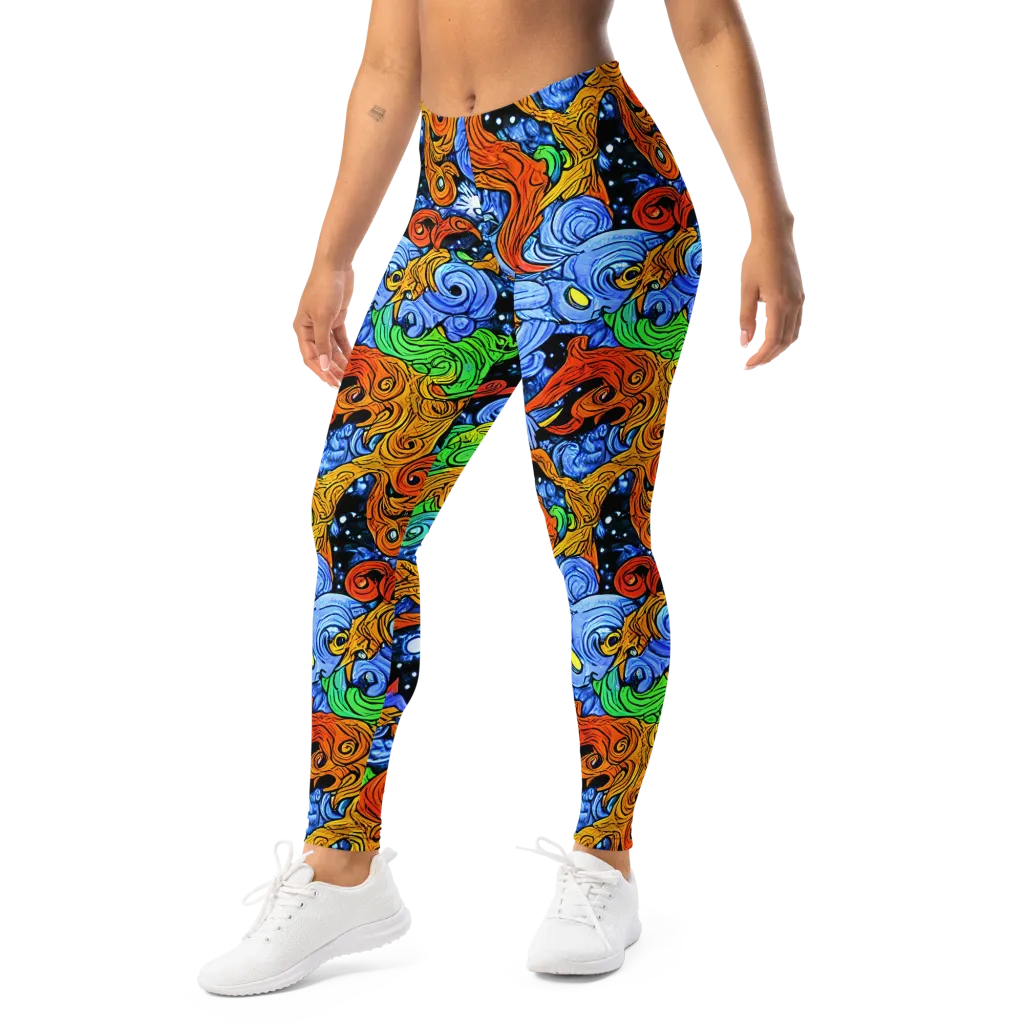 Blue Flame Orbit on Leggings — Left Front