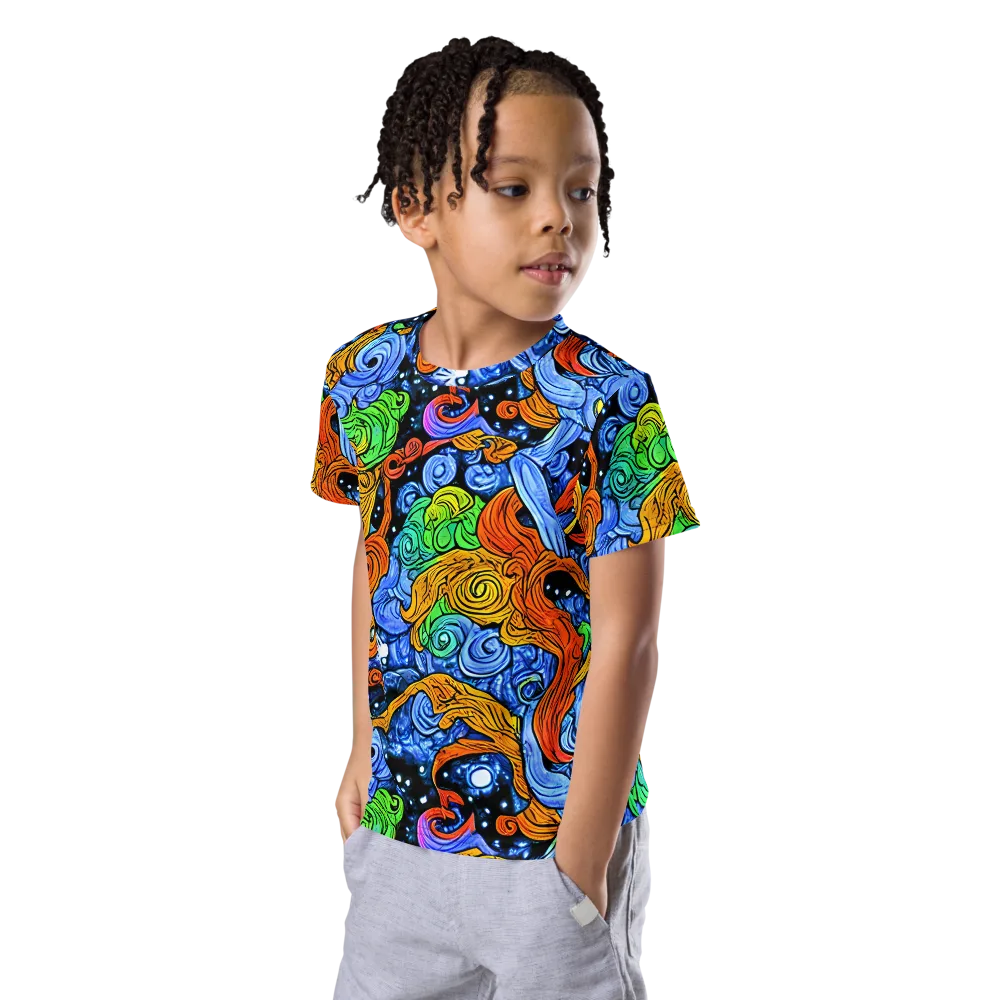 Blue Flame Orbit on Kids Crew Neck T-Shirt — Left Front