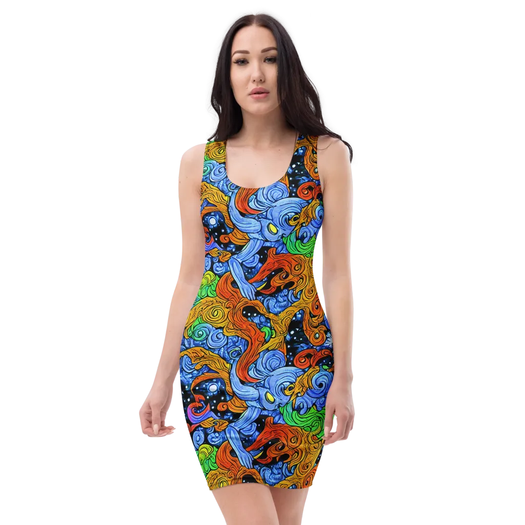 Blue Flame Orbit on Bodycon Dress — Front