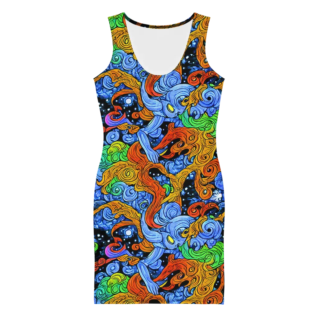 Blue Flame Orbit on Bodycon Dress — Front
