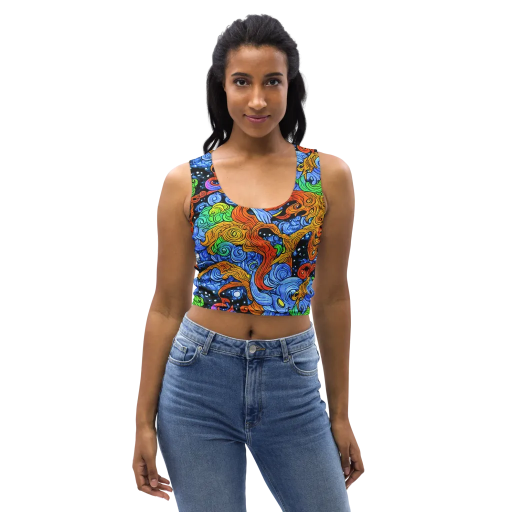 Blue Flame Orbit on Crop Top — Front